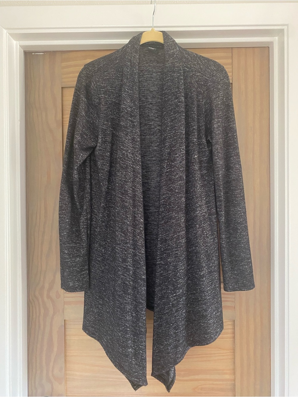 Joan Vass Marled Charcoal Gray Open-Front Draped Cardigan